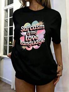 El sarcasmo es mi lenguaje de amor, camiseta divertida con estampado de letras en burbujas, de corte holgado, para mujer, con un bonito estampado en acuarela, de manga corta y cuello redondo, camiseta casual de algodón, talla grande para uso diario, ropa de moda mexicana para mujer, ropa fresca de verano. - Negro - Ver 6