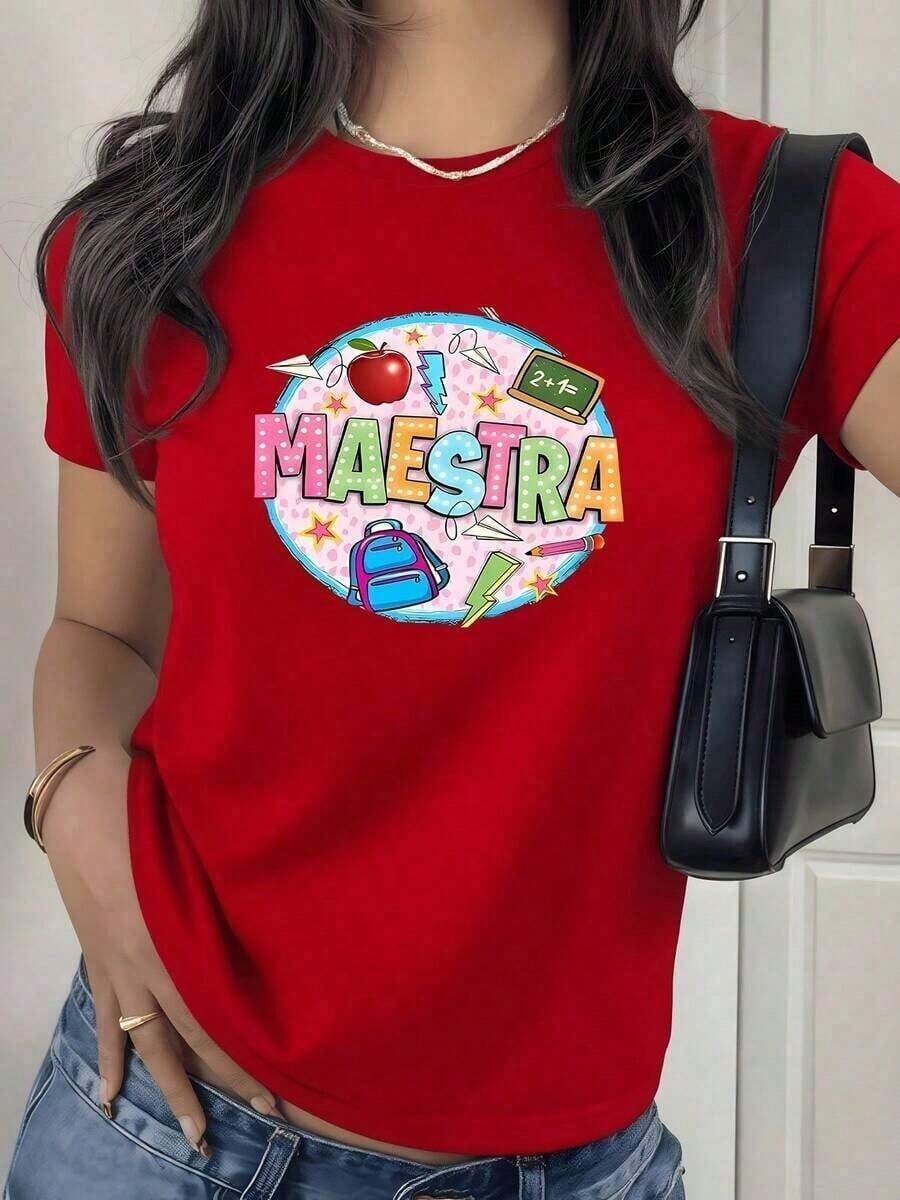 Women's T-Shirt, Cotton. Soft Cotton T-Shirt For Women. Colorful Illustration With The Word "Teacher" Surrounded By An Apple, Chalkboard, Backpack, Pencils, Paper, And Stars, Conveying A Love For Teaching. 100% Cotton Women's T-Shirt. Oversized T-Shirt. Comfortable And Lightweight. - 紅色的 - 查看 1