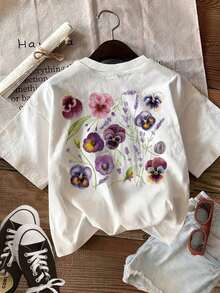 GiftPatrón impreso a doble cara [Impresión a doble cara]Camiseta casual de verano para mujer con estampado de acuarela de lavanda, cuello redondo y manga corta - Camiseta unisex de algodón holgada de estilo vintage urbano con cuello redondo y manga corta. Suave - Blanco - Ver 3