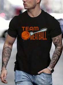 Camiseta% Algodón con Estampado de Albóndigas, Manga Corta, Cuello Redondo, Estilo Casual, Apta para Todas las Temporadas, Ropa para Hombre - Negro - Ver 2