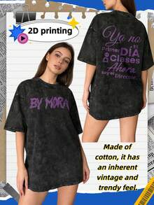 Camiseta de moda para mujer con estampado creativo de anime de estilo retro urbano, camiseta de mujer de alta calidad con efecto lavado, top vintage con aspecto desgastado, manga corta de cuello redondo y corte holgado, suave, cómoda y transpirable, ropa de mujer a la moda, exclusiva de Tingge. - Negro - Ver 1