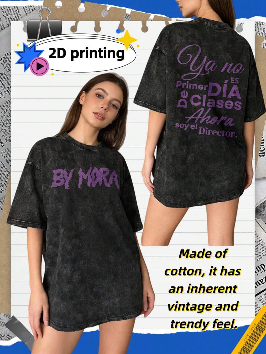 Camiseta de moda para mujer con estampado creativo de anime de estilo retro urbano, camiseta de mujer de alta calidad con efecto lavado, top vintage con aspecto desgastado, manga corta de cuello redondo y corte holgado, suave, cómoda y transpirable, ropa de mujer a la moda, exclusiva de Tingge. - Negro - Ver 1