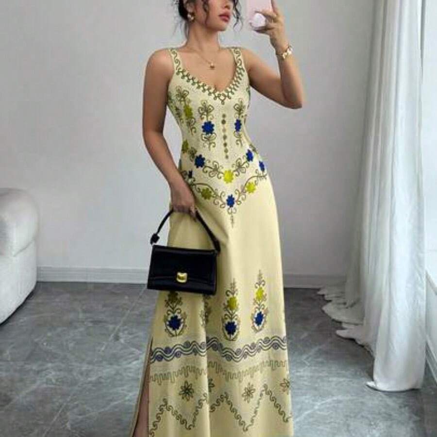 Raffinéa Women's V-Neck Spaghetti Strap Floral Linen-Feel Tie-Waist A-Line Print Dress, Spring/Summer - Amarillo - Ver 1