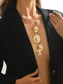 1pc Women's Luxury Hammered Gold-Plated Faux Baroque Pearl Y-Shaped Necklace, Multi-Layer Asymmetrical Metal Frame Design, Elegant For Commute, Party, Evening Wear, Deep V Neckline Collarbone Chain Pendant Necklace - Golden Yellow+White - View 3
