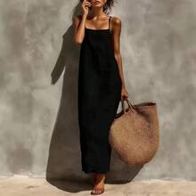 Women's Linen Blend Slip Maxi Dress, Square Neck Sleeveless Casual Dress For Beach & Vacation - 紅色 - 查看 8