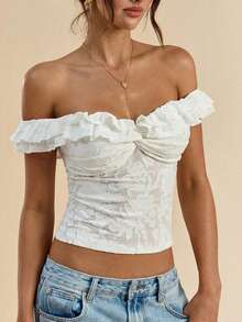 Women Summer Coquette Off Shoulder Ruffle Lace Crop Top Twist Front Short Sleeve Blouse - White - View 3