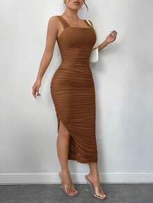 Vestido de graduación; Vestido ajustado de malla con superposición fruncida y abertura en el muslo, vestidos en tonos pastel para mujeres - Marrón - Ver 5