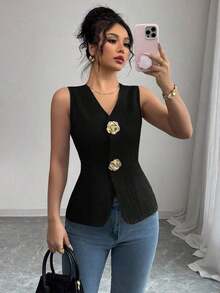 Blusa exterior con cuello en V ajustada con decoración de botones dorados con rosas - Negro 2 - Ver 8