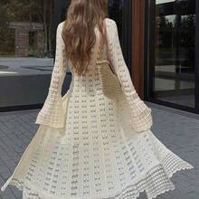 FOR BEAUTY V-Neck Long Sleeve Knit Dress, Fitted Casual Vacation Design, Sheer Flare Sleeve Bohemian Long Dress, Suitable For Beach, Seaside, Swimming - Albaricoque - Ver 3