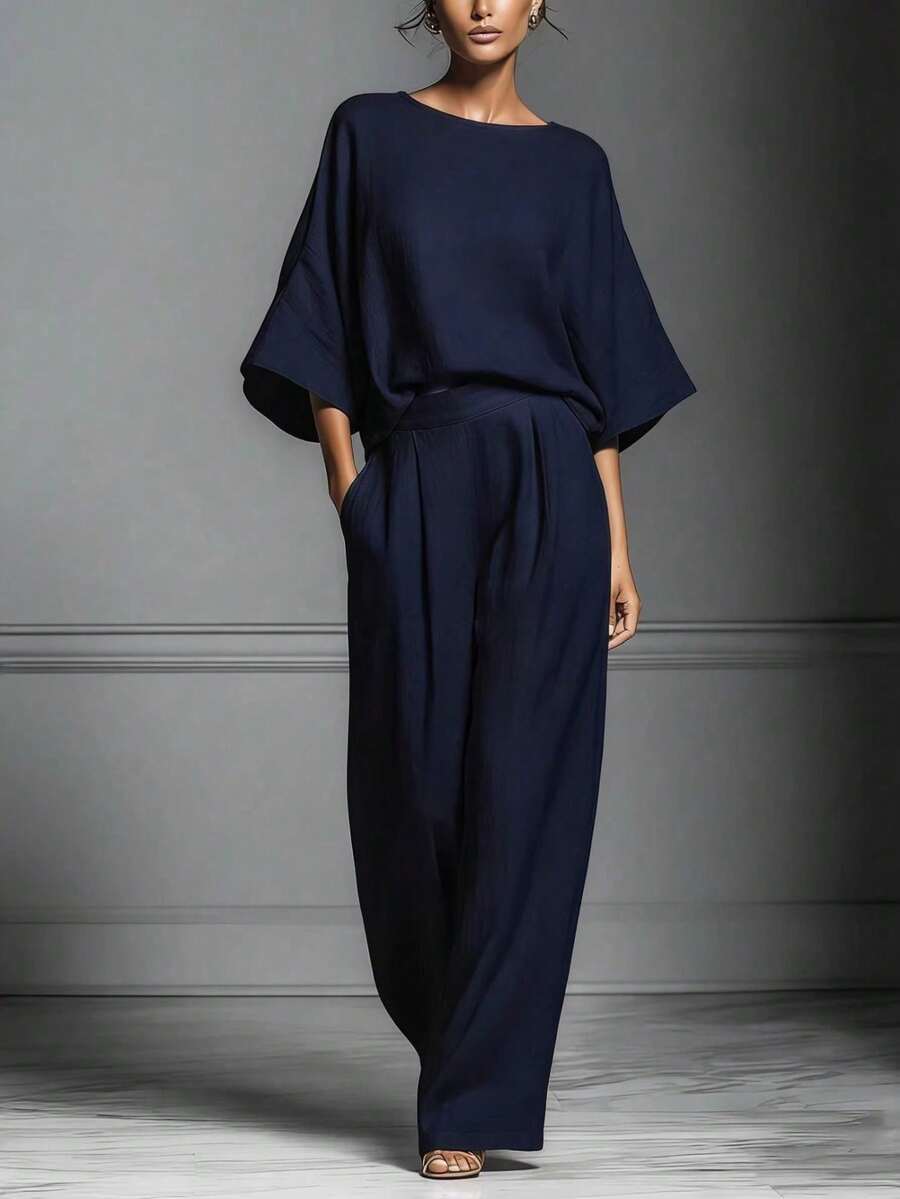 Conjunto de lino con mangas campana, estilo elegante y moderno, nueva colección primavera-verano 2026 para mujer - Azul marino - Ver 1