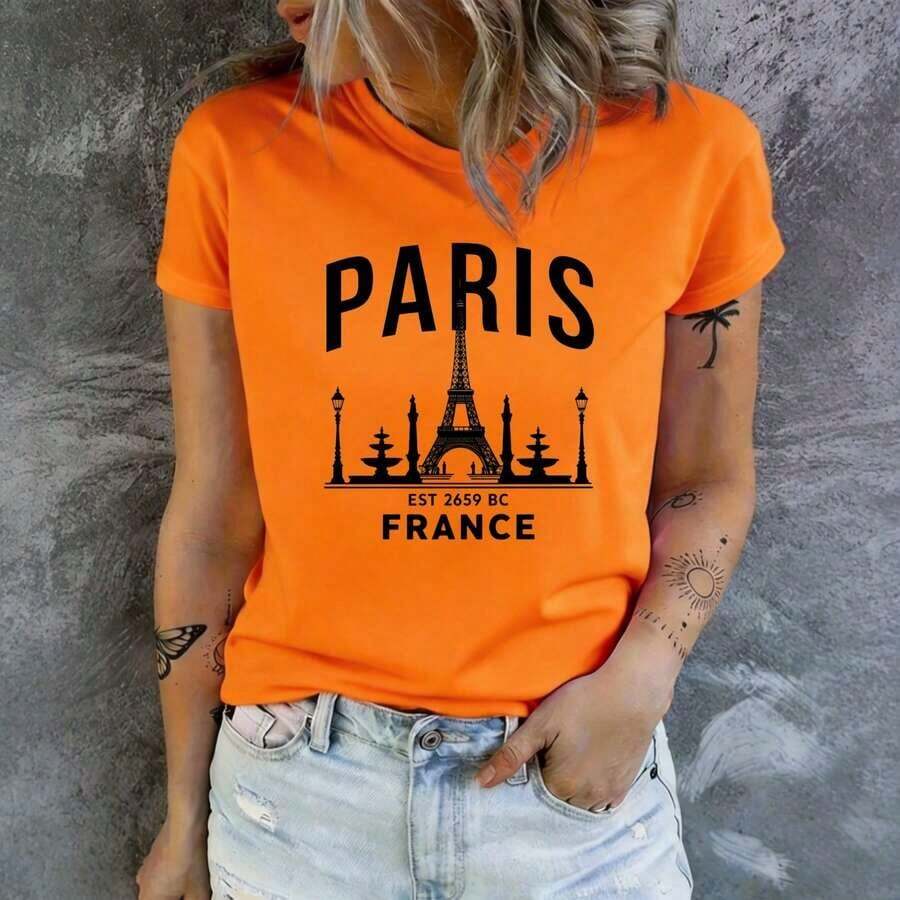 Women's Oversized T-Shirt With Retro Graphic Print Of The Eiffel Tower Of Paris, French Cityscape Design, Casual Daily Wear, Loose Fit, Machine Washable, Stylish Women's Top | Casual Everyday Top - 橘色 - 查看 1