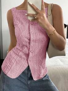 Camisa ajustada sin mangas de mujer con estampado de lunares - Rosa - Ver 7