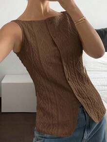 Camisa informal sin mangas con textura geométrica y abotonadura sencilla para mujer - Marrón 2 - Ver 4