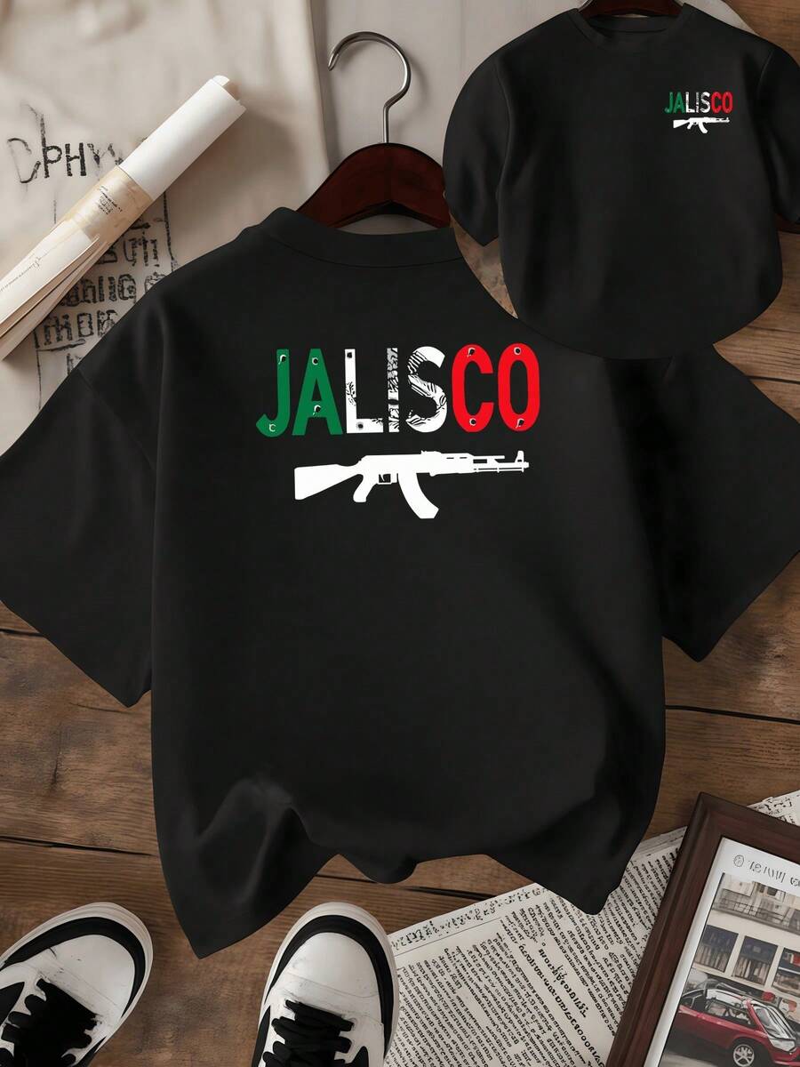 Símbolo de orgullo regional con letras Jalisco en los colores verde blanco y rojo destacando la identidad cultural mexicana y el amor por la tierra natal camiseta de mujer de estampado doble lado casual - Negro - Ver 1