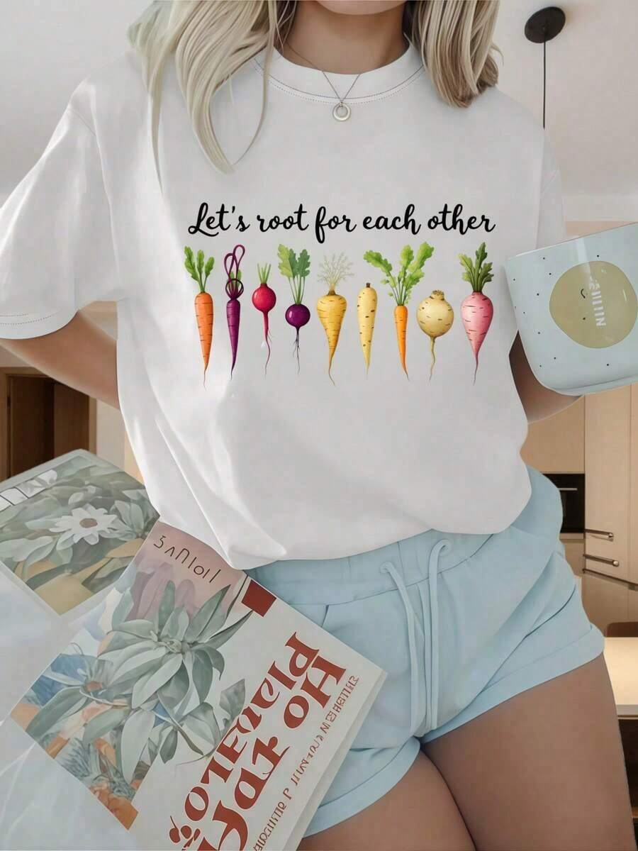 Women's Short Sleeve Crew Neck T-Shirt, Carrot Design, Fun Print, Ideal For Christmas, Parties, Sports Activities, Holidays, Outings, Sports And Other Gifts (220g). - 白色 - 查看 1