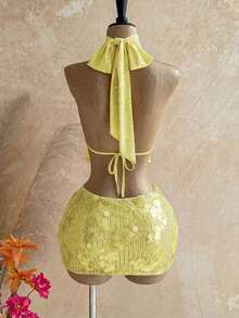 Blusa de mujer con encaje bordado, escote halter, espalda descubierta, tirantes con lazo, bajo fluido y elegante, adecuada para la playa, cruceros y resorts - Amarillo - Ver 2