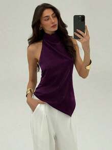 Blusa de mujer de unicolor con cuello halter, pliegues y bajo asimétrico - Morado - Ver 5