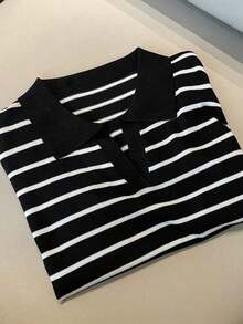 Suéter de mujer con cuello y mangas cortas a rayas para otoño - Blanco y Negro - Ver 4