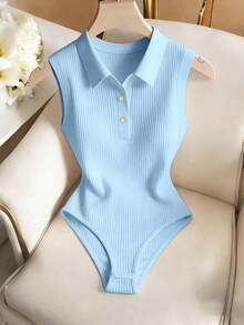 Elegante body de punto blanco con cuello vuelto y media cremallera, body de mujer para primavera/verano, ideal para vacaciones y playa - Celeste - Ver 1