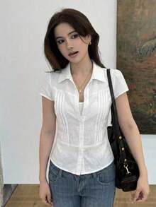 Blusa de mujer de ajuste ceñido de manga corta con cuello en un unicolor - Blanco - Ver 8