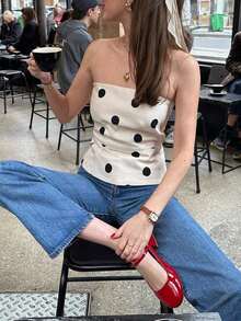 Top ajustado de mujer de estilo vintage y retro con lunares, casual de verano - Albaricoque - Ver 7