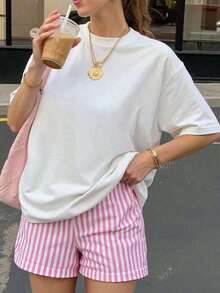 'It's Never Luck, It's Always God' Slogan Print, Women's Oversized Summer Short Sleeve Casual T-Shirt, Women's Summer Graphic Tees, Vacation And Going Out Tops, Women's Summer Short Sleeve Tops - 白色 - 查看 3