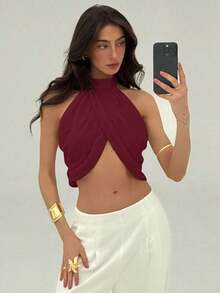 Blusa elegante y sexy para mujer con cuello cruzado, fruncido en la espalda y botones, de estilo casual y de vacaciones, de gasa - Burdeos - Ver 6