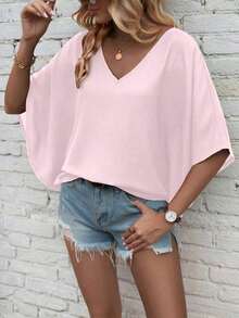 Camisa de manga de murciélago de unicolor casual, verano - Rosa Pálido - Ver 3