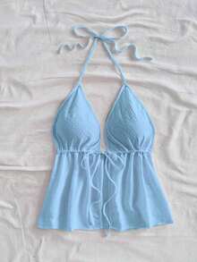 Blusa sin mangas con cuello halter y lazo en la espalda, adecuada para el verano - Celeste - Ver 4