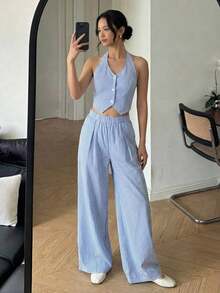 Set de 2 piezas de chaleco sin mangas a rayas y pantalones anchos a rayas para adolescentes, conjunto informal para el verano - Azul - Ver 7