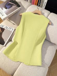 Camisa sin mangas de unicolor y estilo minimalista con botones para mujer - Amarillo - Ver 2