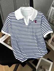 Camiseta de manga corta con cuello de polo a rayas casual de verano para mujer - Multicolor 7 - Ver 3