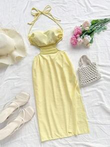 Vestido largo con espalda calada y lazo, cuello drapeado, lazo en la cintura, abertura alta, adecuado para vacaciones, festivales de música, estilo bohemio, vacaciones, citas, té de la tarde - Mostaza Amarilla - Ver 8