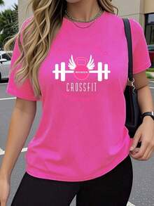 Y2K Women's Casual Short Sleeve T-Shirt - Motivational Graphic Print Of Barbells And Dumbbells For CrossFit, Elastic Crew Neck, Soft And Breathable Fabric, Relaxed Fit For Gym, Workouts And Casual Wear, Sports T-Shirts, Sporty Print T-Shirt, Comfortable T-Shirt - 黑色 - 查看 9
