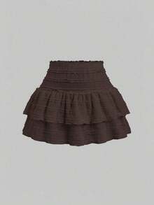 Falda mini casual y de resort Y2K con dobladillo de doble capa y ribete de volantes de unicolor - Marrón - Ver 6