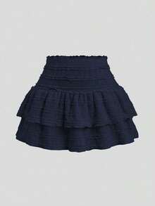 Falda mini casual y de resort Y2K con dobladillo de doble capa y ribete de volantes de unicolor - Azul marino - Ver 1