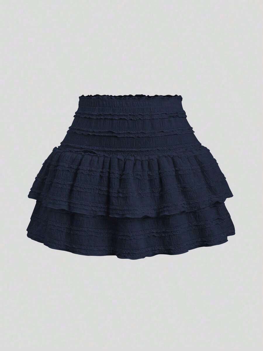 Falda mini casual y de resort Y2K con dobladillo de doble capa y ribete de volantes de unicolor - Azul marino - Ver 1
