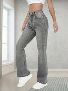 Jeans de campana clásicos y versátiles, cómodos y elásticos para adolescentes - Gris - Ver 4