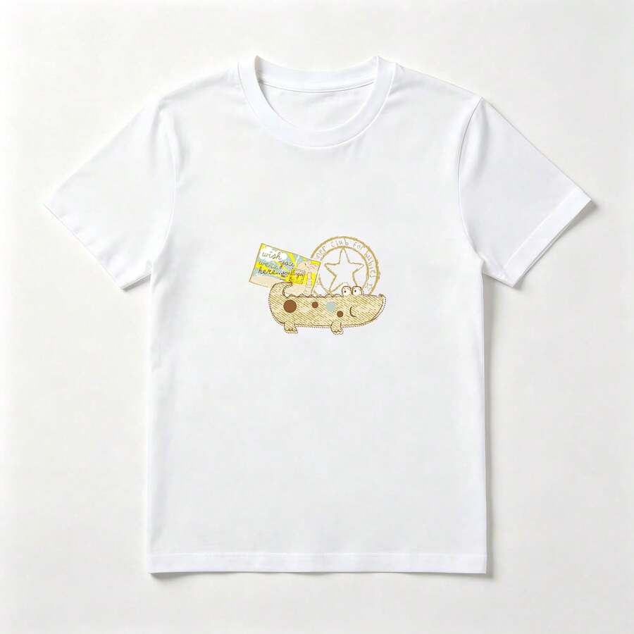Playera Femenina Estampado Cocodrilo con Carta y Estrella - Algodón Suave Divertido - Blanco - Ver 1