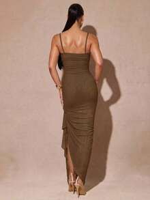 xheSilquee Elegante vestido verde salvia con mangas abullonadas románticas y abertura alta, vestido de fiesta ajustado con encaje para el Día de San Valentín, citas, invitados de boda, baile de graduaciónxhe - Marrón - Ver 7