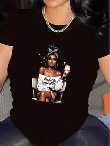 1 pieza de camiseta de manga corta para mujer - Top con estampado gráfico y estilo de hombros descubiertos, 180g 100% algodón - Negro - Ver 2