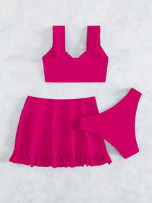 Swim Conjunto de bikini de 2 piezas con diseño trenzado de unicolor para mujer de verano, con cubrepantalón y minifalda - Rosa Fucsia - Ver 3