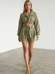 Women's Solid Color Drop Shoulder Long Sleeve Shirt And Shorts Casual Set - Khaki - View 1