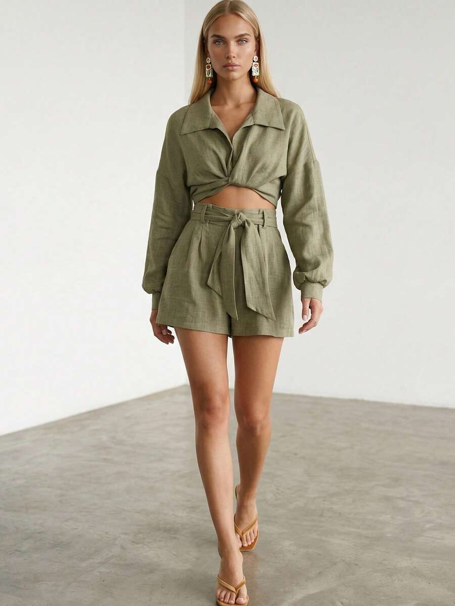 Women's Solid Color Drop Shoulder Long Sleeve Shirt And Shorts Casual Set - Khaki - View 1