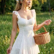 Women's Floral Embroidery Ruched Waist Elegant Mini Dress, Suitable For Dates And Parties - Blanco - Ver 9