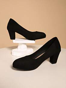 Women's Solid Color High Heels, Round Toe Design, Comfortable, Slip-On, Fashionable And Versatile - Black - View 4