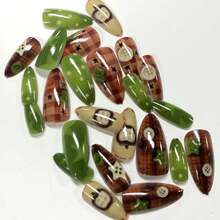 BABALAL Press On Nails, Medium Almond Fake Nails, Brown Green, Plaid &Amp; Apple Y2k Anime, Glossy Full Cover Glue On Nails For Women And Girls 24Pcs - ColorE - 查看 6