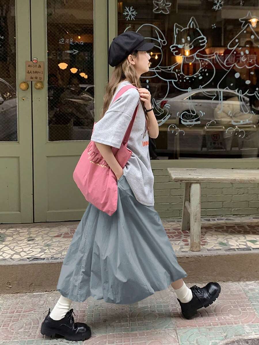 蓝色碎花泡泡裙,高腰修身简约百搭A字薄纱女裙,适合冬季、圣诞节、春节 - 藍色 - 查看 1