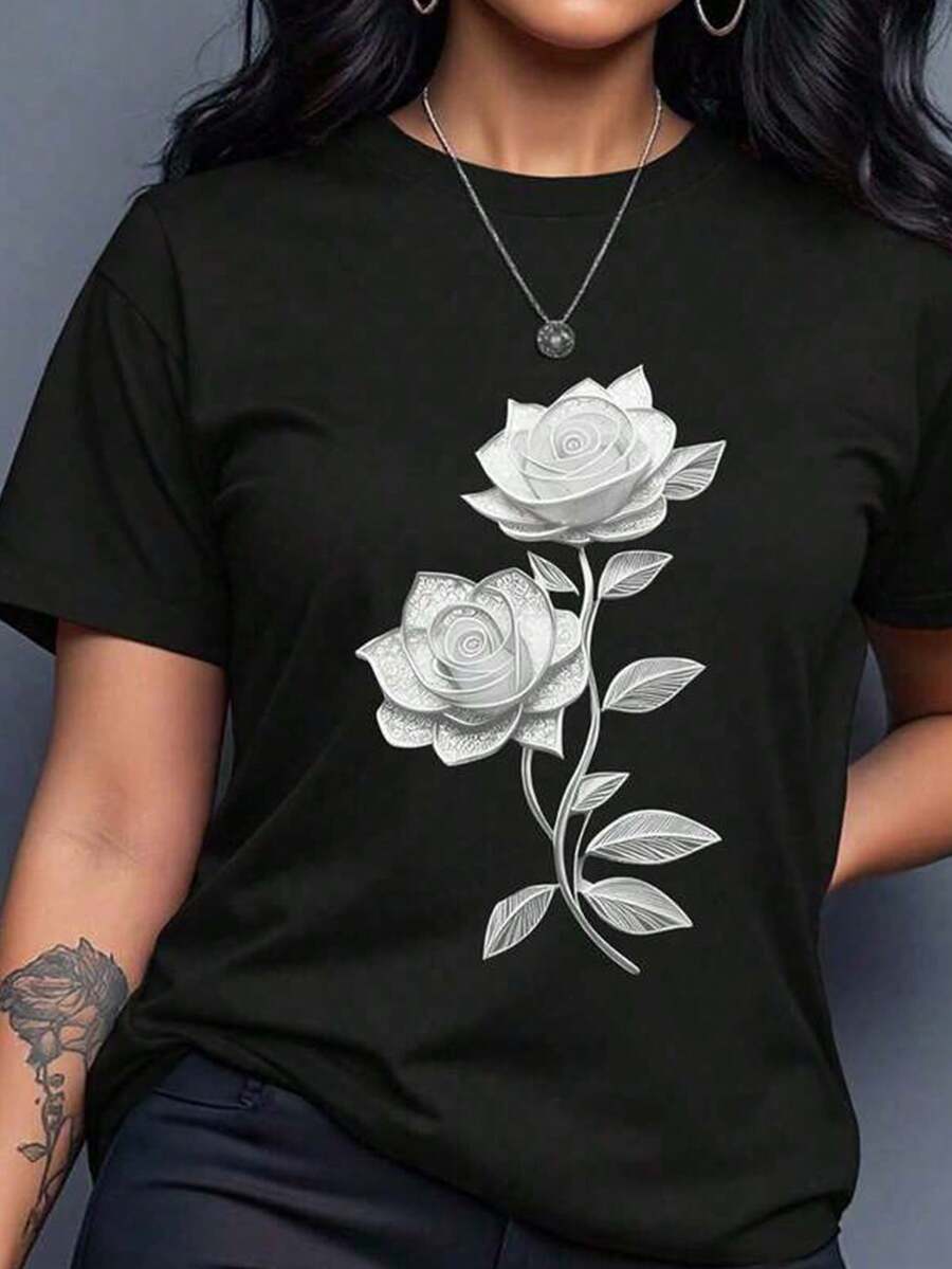 Mujer Camiseta de manga corta con estampado térmico de dos rosas blancas, diseño de rosas con líneas elegantes, estilo tierno casual - Negro - Ver 1