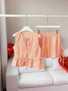 Set de 2 piezas de ropa de mujer con top tipo camiseta con cordones y shorts a cuadros, ideal para el Día de San Valentín - Naranja Quemada - Ver 7